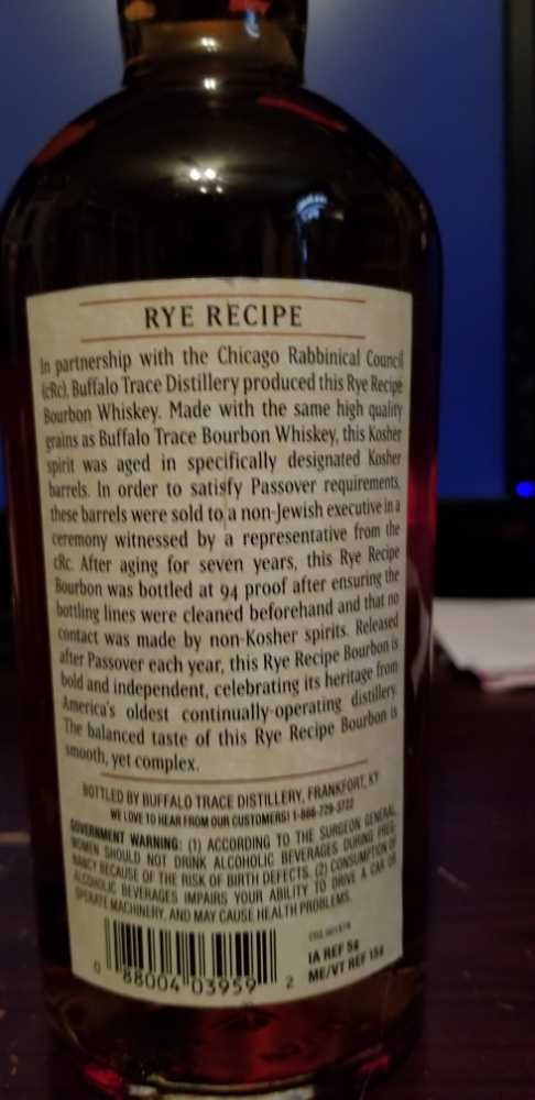 Buffalo Trace Kosher Rye Recipe - Buffalo Trace Distillery (750 mL) alcohol collectible [Barcode 088004039592] - Main Image 2
