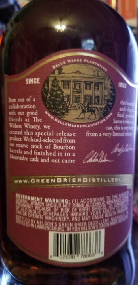 Belle Meade Mourvedre Bourbon  - Nelson’s Green Brier Disrillery (750 mL) alcohol collectible [Barcode 602938786638] - Main Image 2