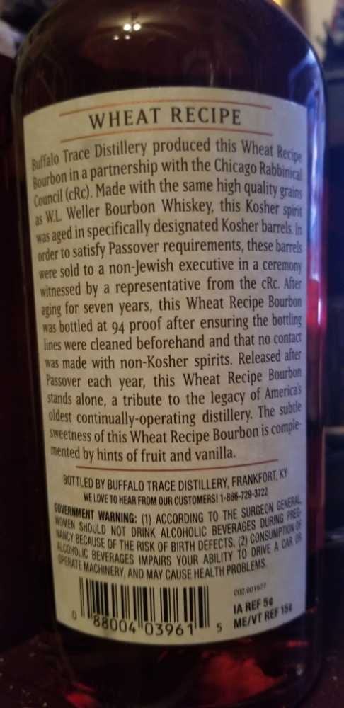Buffalo Trace Wheat Recipe Kosher - Buffalo Trace Distillery (750mL) alcohol collectible [Barcode 088004039615] - Main Image 2
