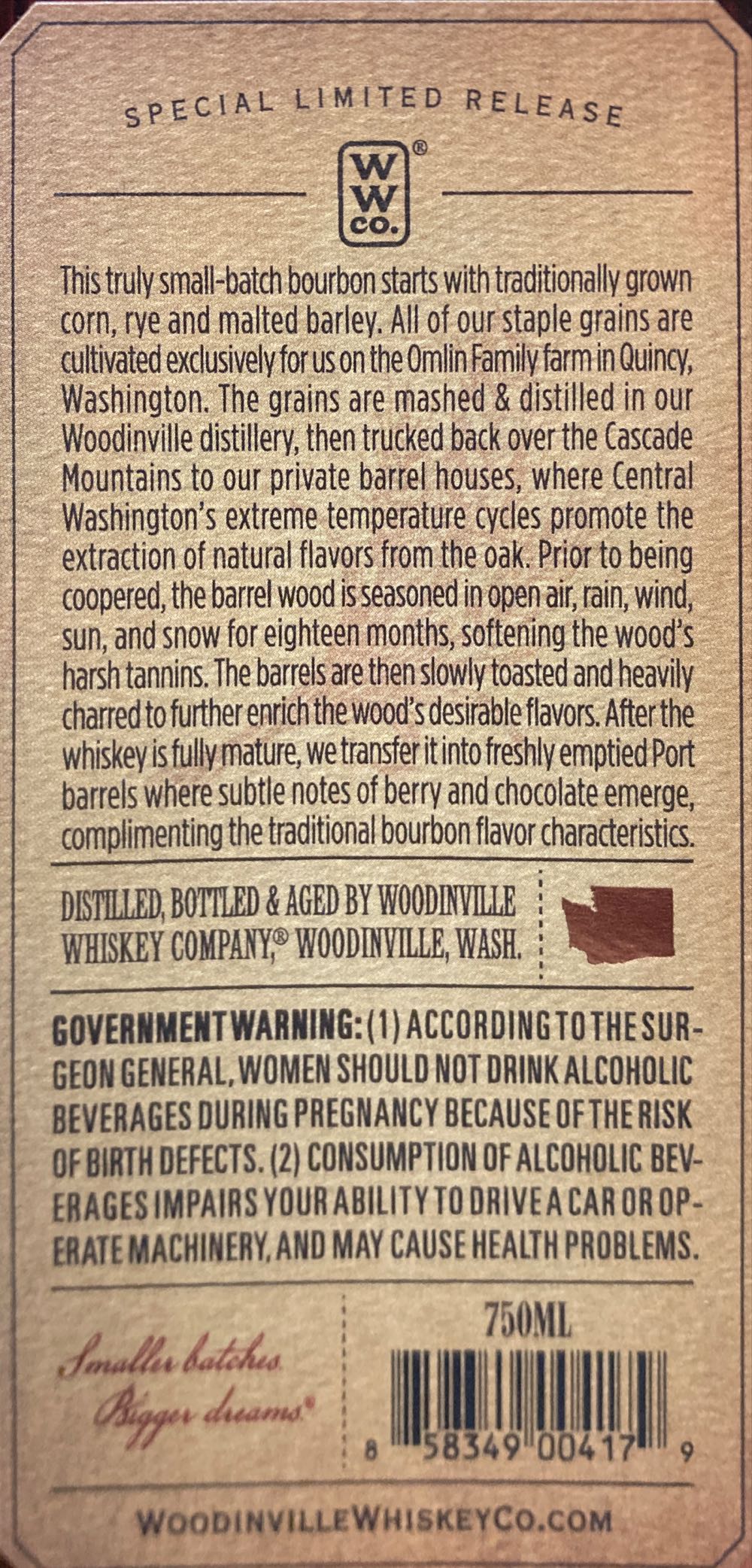 Woodinville Straight Bourbon Whiskey Finished In Port Casks - Woodinville Whiskey Co (750 mL) alcohol collectible [Barcode 858349004179] - Main Image 2
