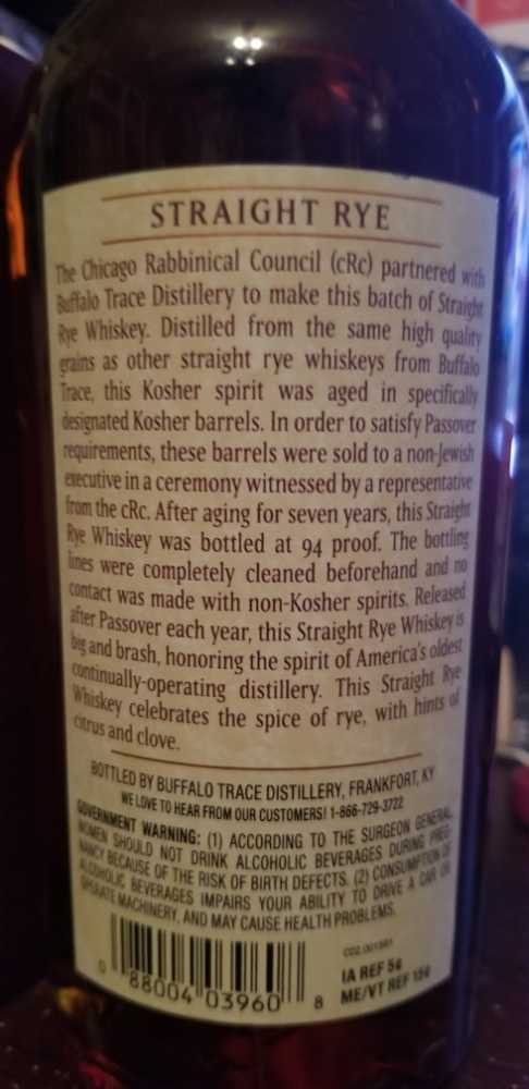 Buffalo Trace Kosher Straight Rye  - Buffalo Trace Distillery (750 mL) alcohol collectible [Barcode 088004039608] - Main Image 2
