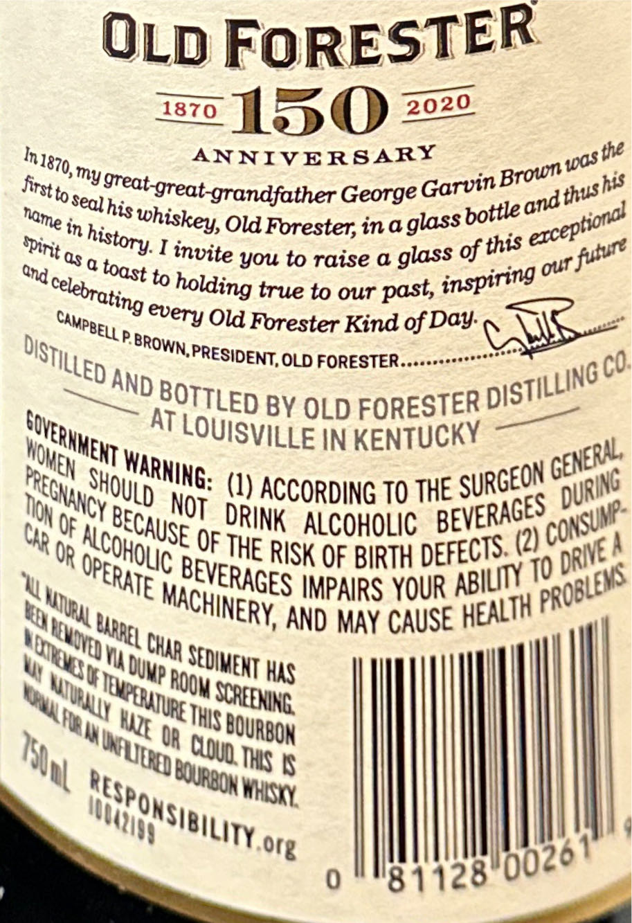 Old Forester 150th Anniversary Batch 2 - Old Foreater Distilling Co   Louisville KY (750 mL) alcohol collectible [Barcode 081128002619] - Main Image 3