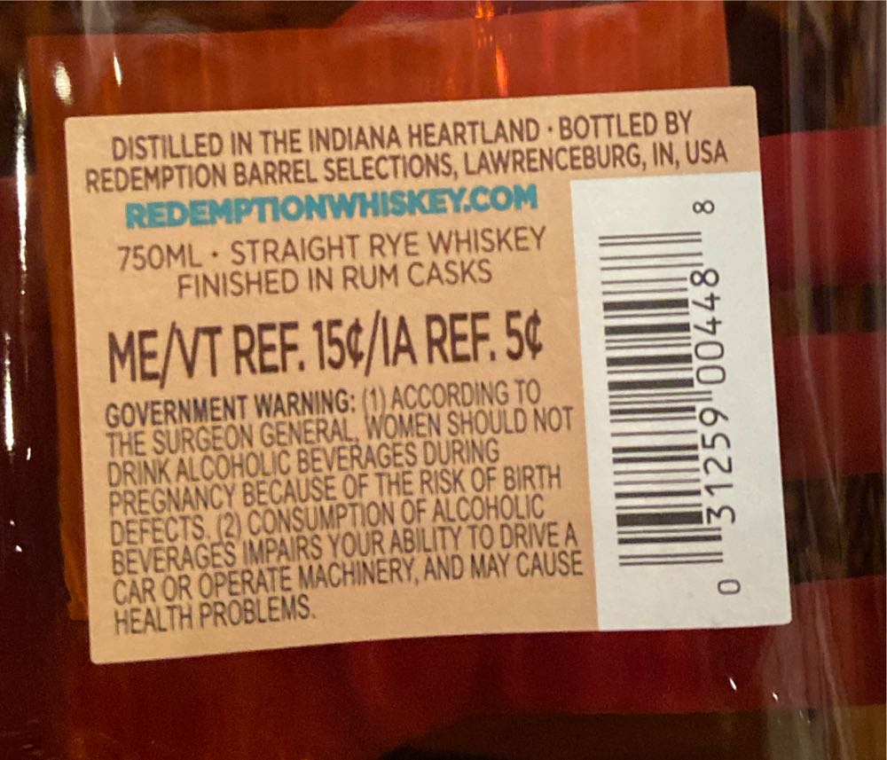 Redemption Rum Cask Finish - Redemption Barrel Selections (750 mL) alcohol collectible [Barcode 031259004488] - Main Image 3