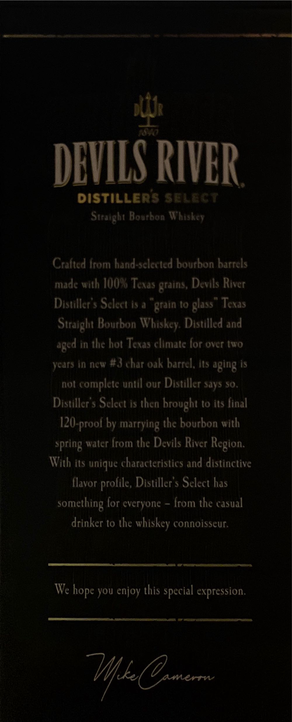 Devils River Distillers select  (750 mL) alcohol collectible [Barcode 860165001690] - Main Image 2