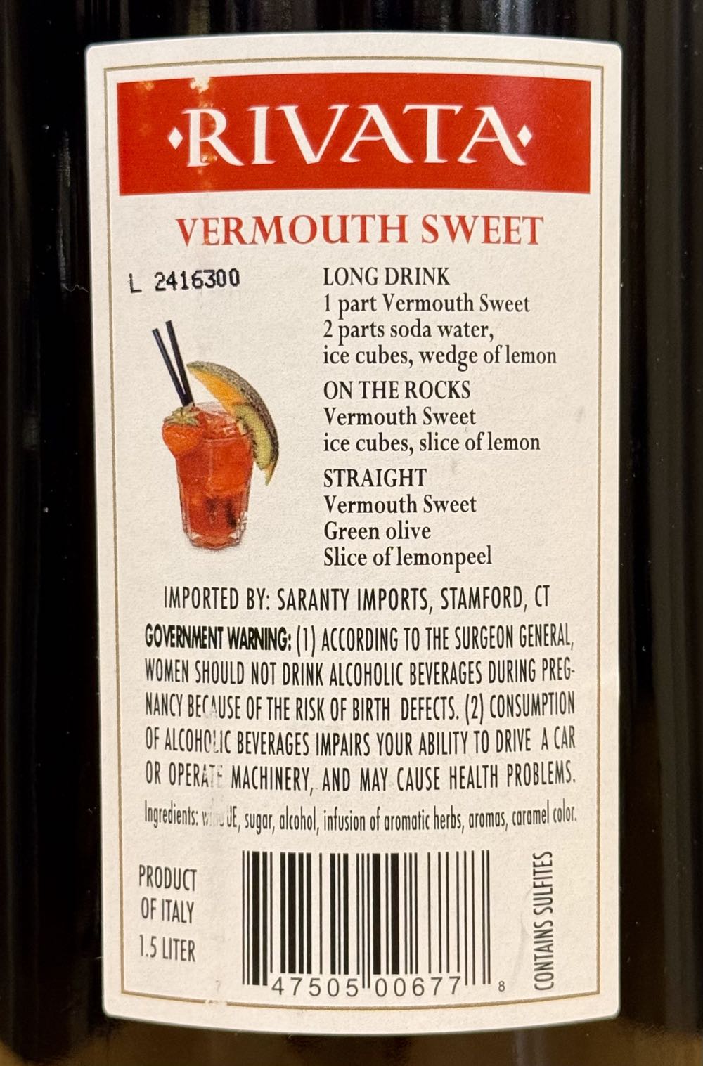 Rivata Sweet Vermouth - Gattinara Cellars Italy (1.5 L) alcohol collectible - Main Image 2
