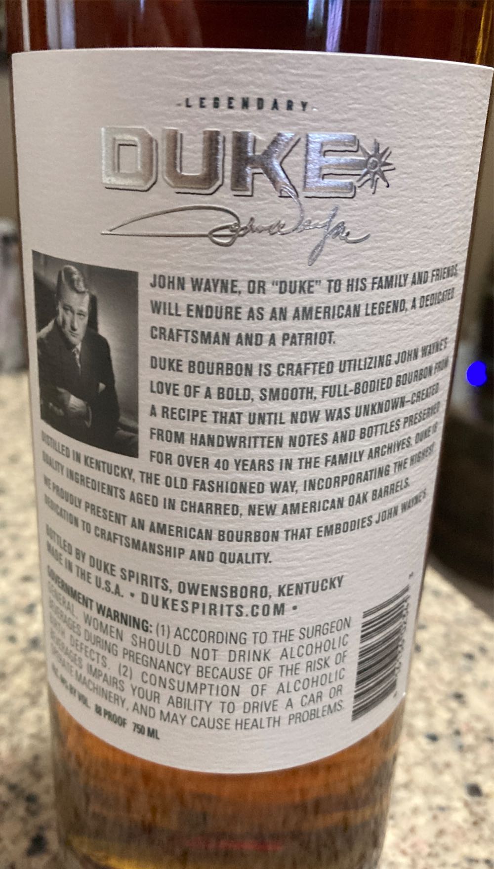 Duke “John Wayne” Straight Bourbon Whiskey - Duke Spirits (750mL) alcohol collectible [Barcode 816136023413] - Main Image 3