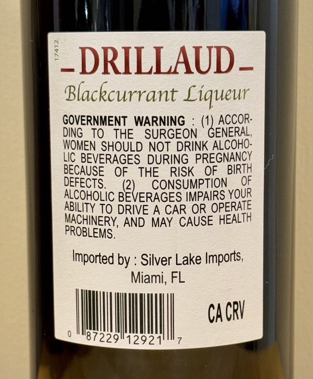 Drillaud Creme de Cassis - Drillaud (750 mL) alcohol collectible [Barcode 087229129217] - Main Image 2