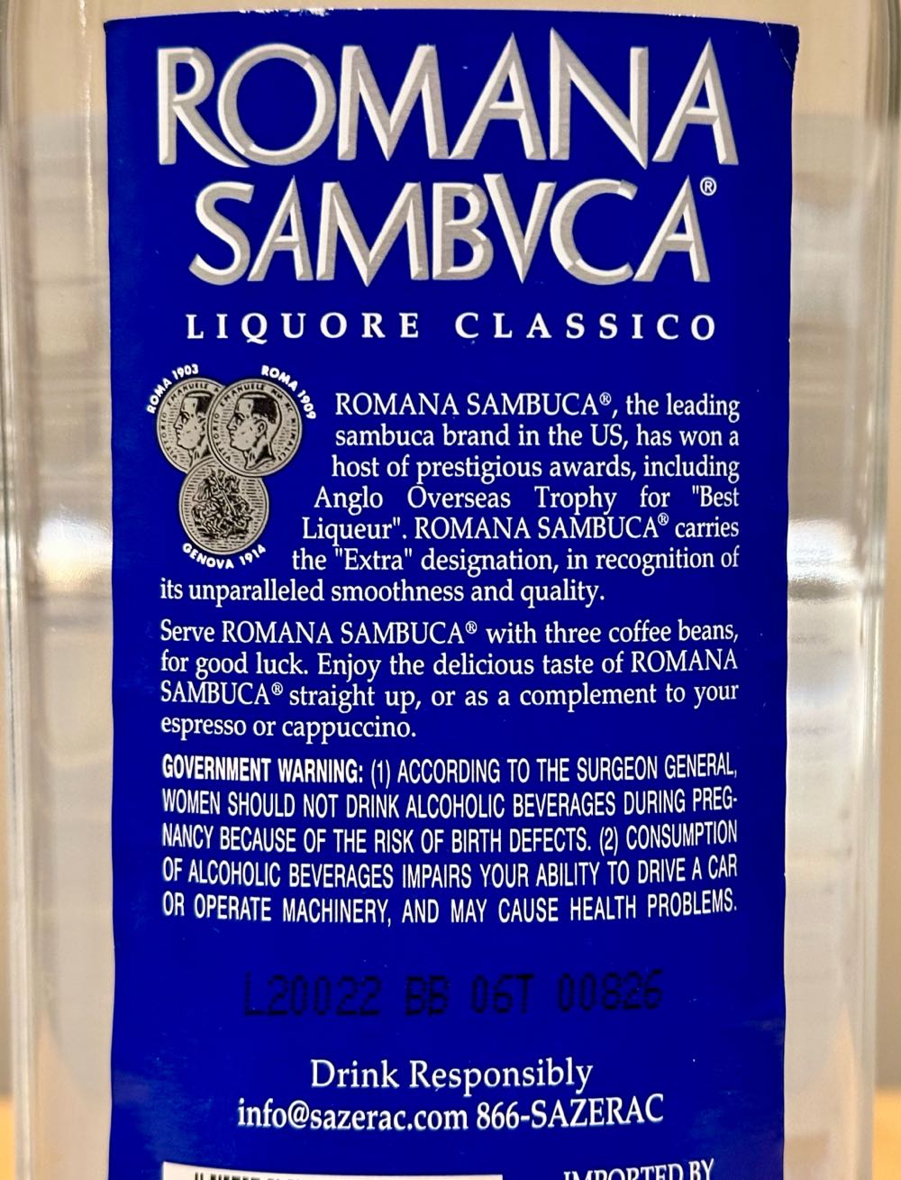 Romana Sambuca - Sazerac Distillery Italy (750 mL) alcohol collectible [Barcode 088004037475] - Main Image 2