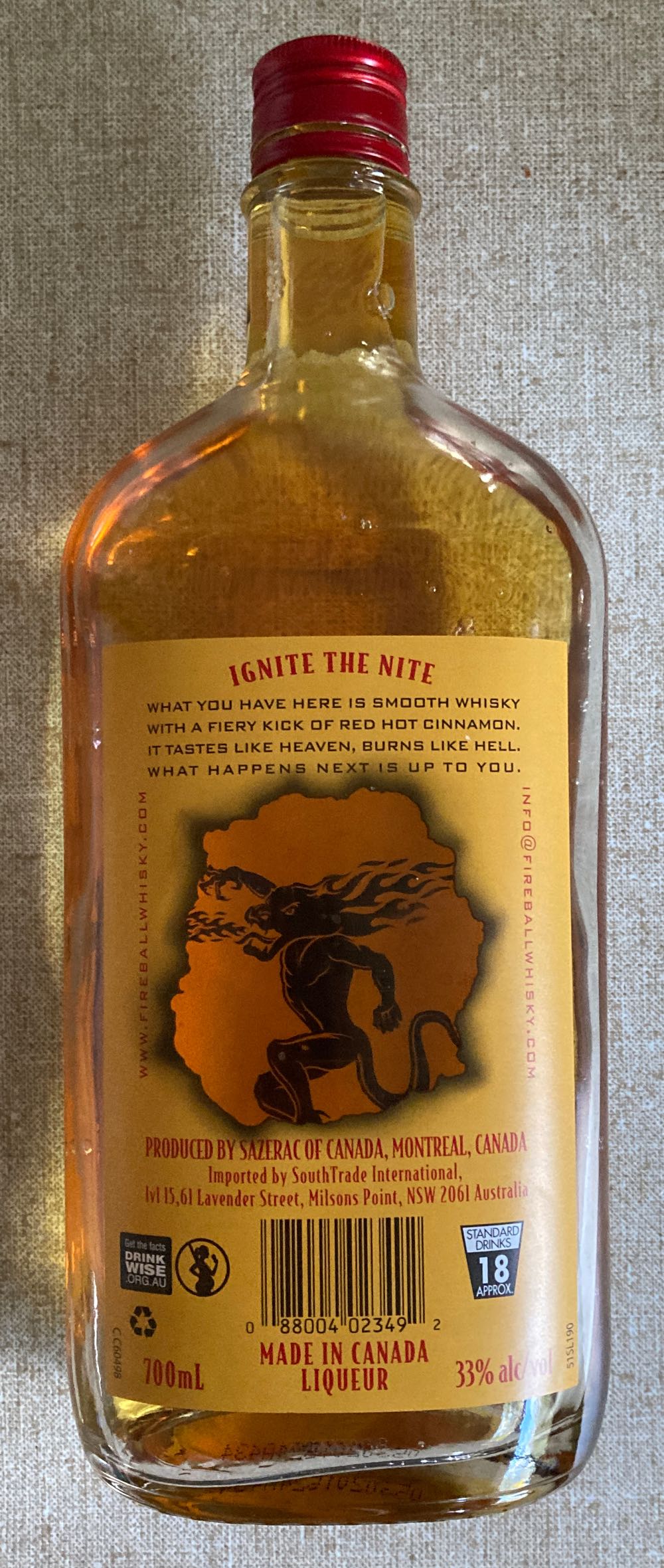 Fireball Cinnamon Flavoured Whisky - Sazerac of Canada (700 mL) alcohol collectible [Barcode 088004023492] - Main Image 2
