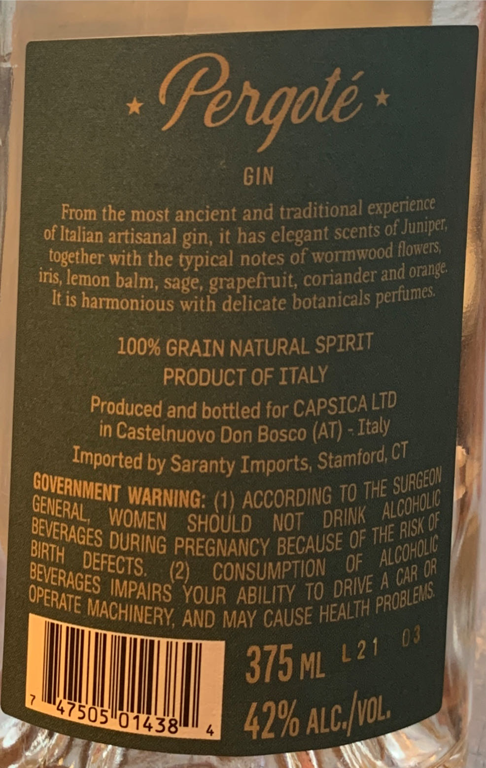 Pergote’ - Capsica LTD (375 mL) alcohol collectible [Barcode 747505014384] - Main Image 2