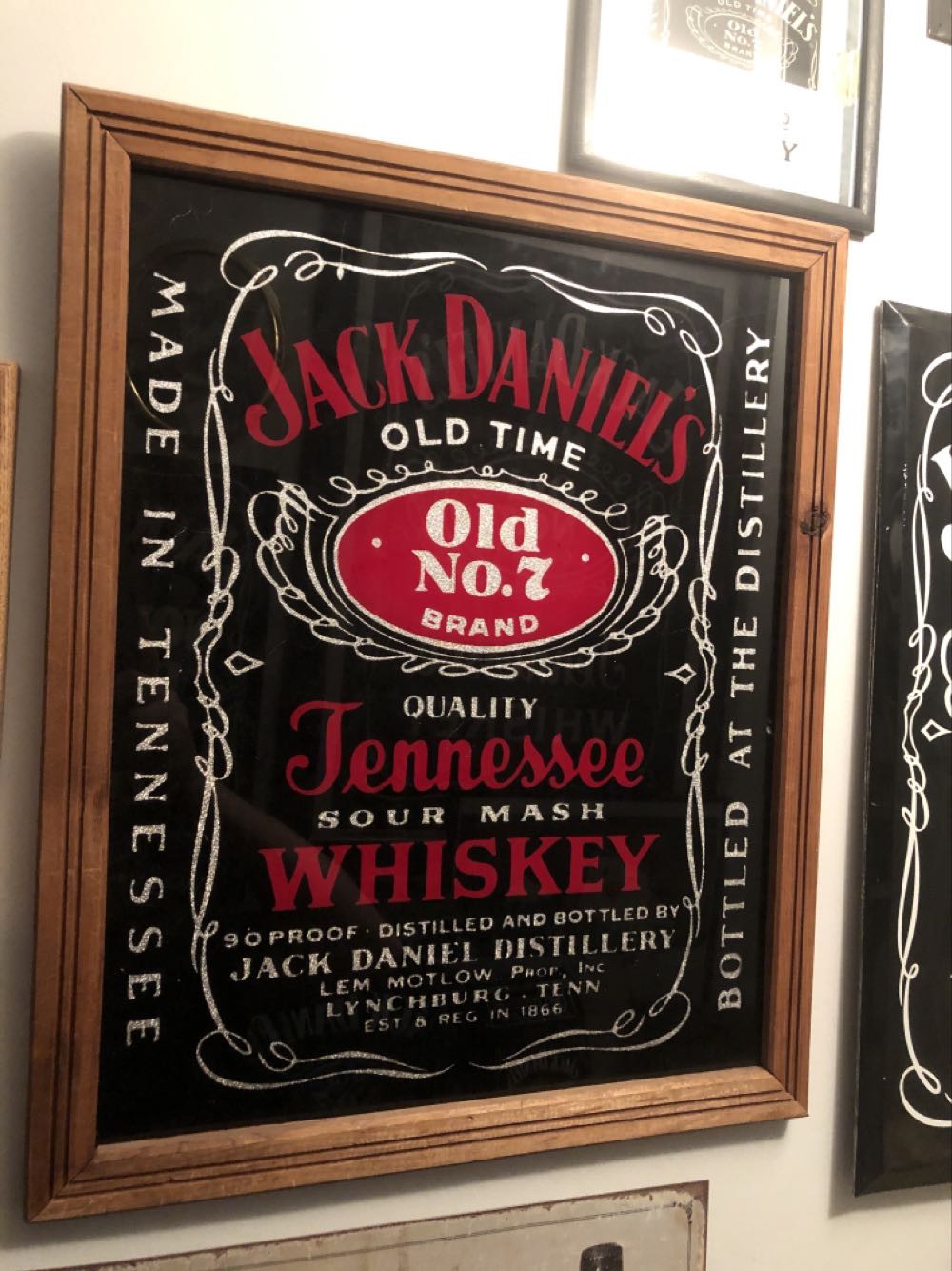 GLASS: Jack Daniels Glass Red Foil Wood Frame Sign  alcohol collectible - Main Image 1