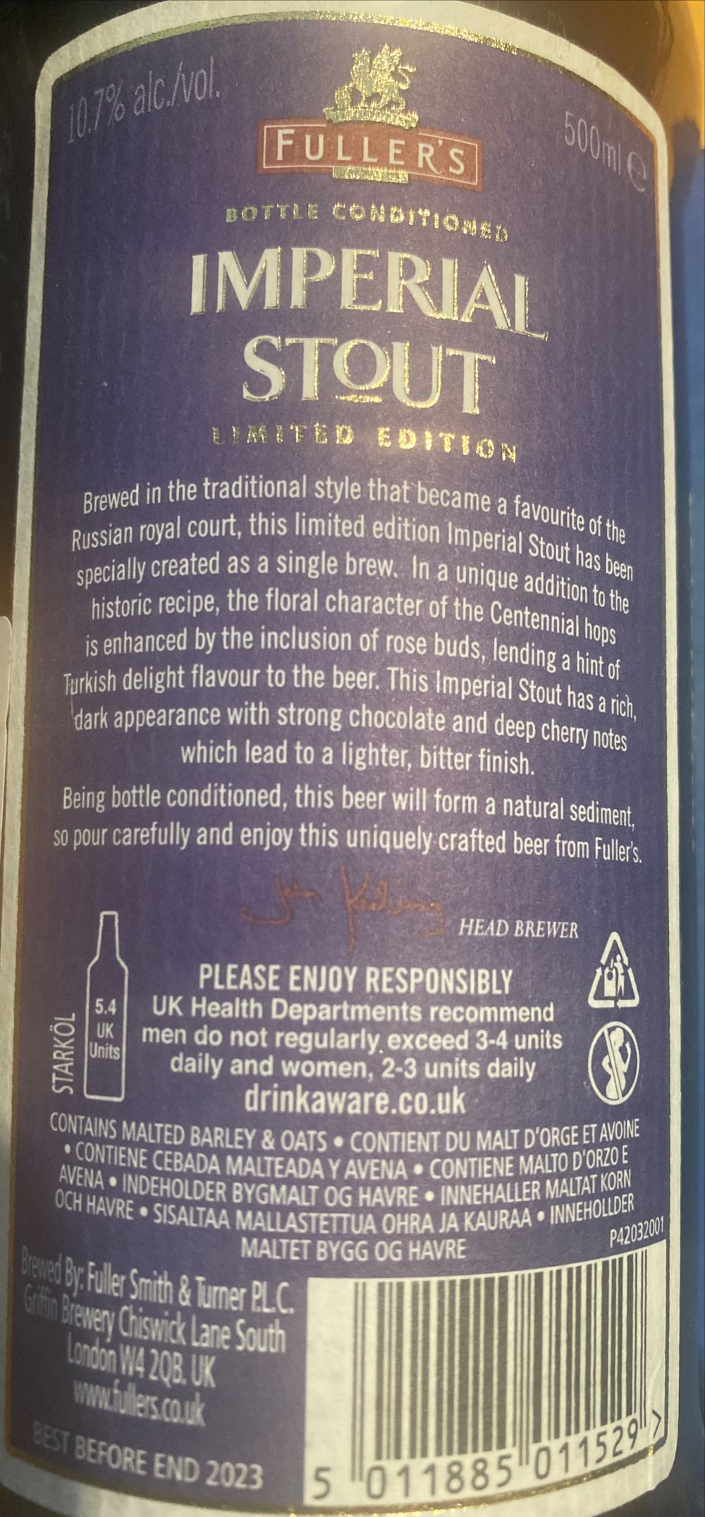 Fuller’s Imperial Stout - Fullers (500 mL) alcohol collectible [Barcode 5011885011529] - Main Image 2