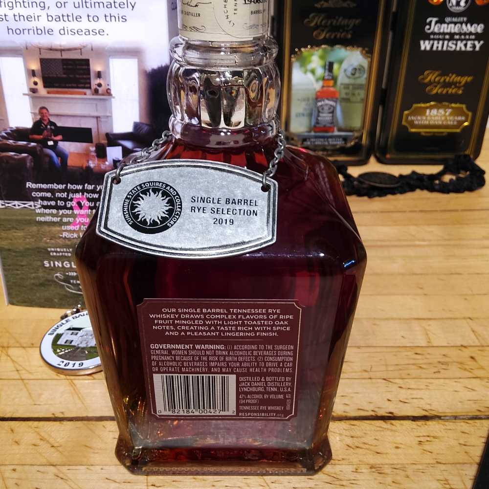 Sunshine State Squires  Coll.Cancer Rye Selection 9-21-19 - Jack Daniel Distillery (750 mL) alcohol collectible [Barcode 082184004272] - Main Image 3