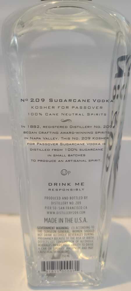 No 209 Vodka Kosher For Passover   (750 mL) alcohol collectible [Barcode 891811000071] - Main Image 2