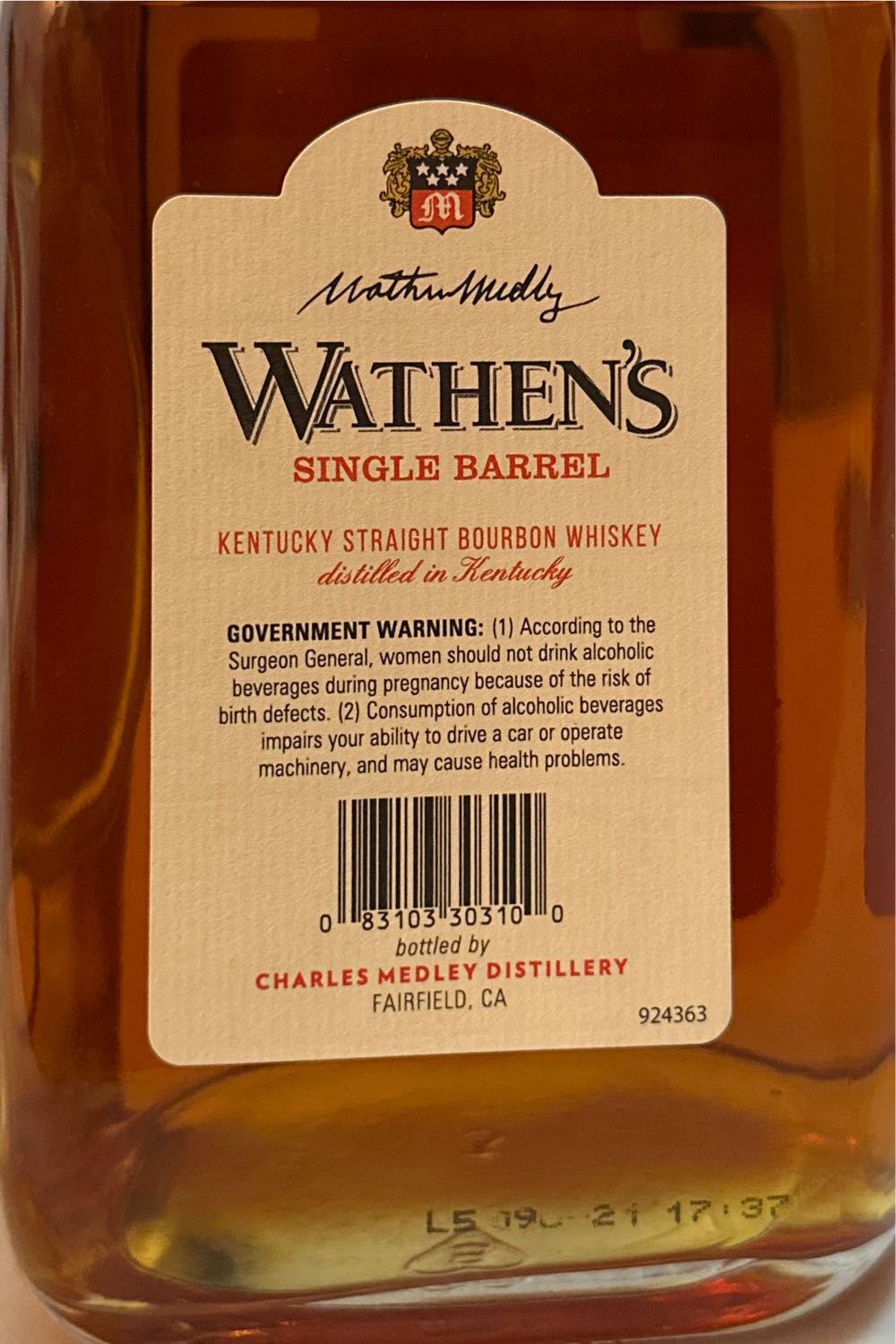 Wathens - Charles Medley Distillery (750 mL) alcohol collectible [Barcode 083103303100] - Main Image 2