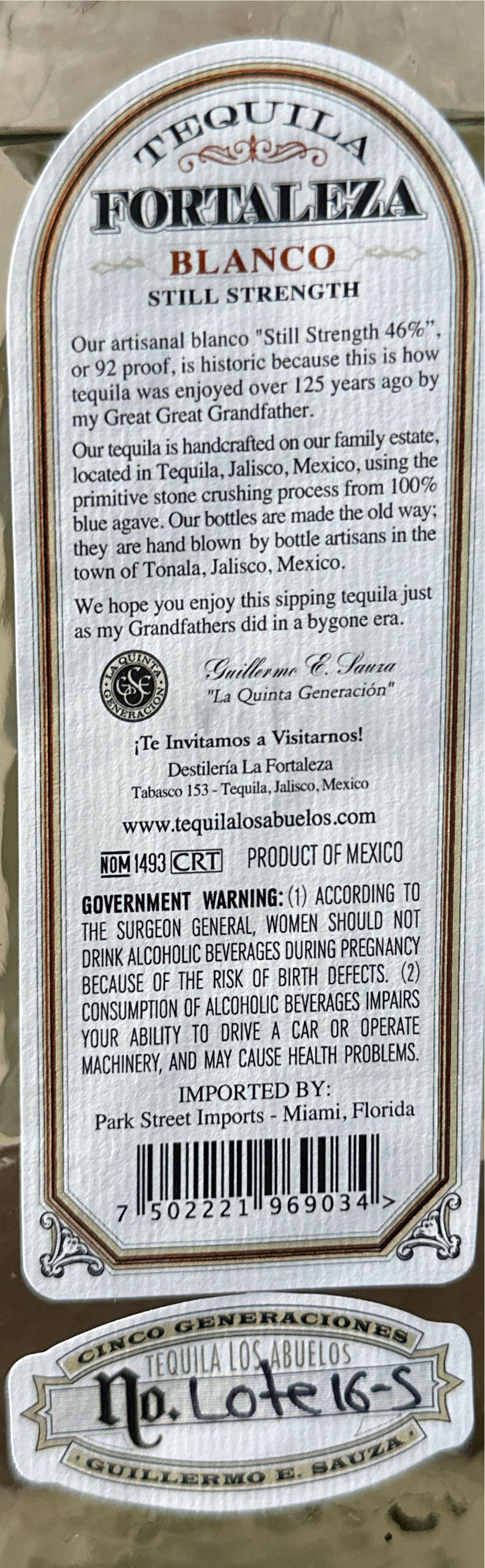Fortaleza Tequila Blanco Still Strength - Nom 1493 (750 mL) alcohol collectible [Barcode 7502221969034] - Main Image 2