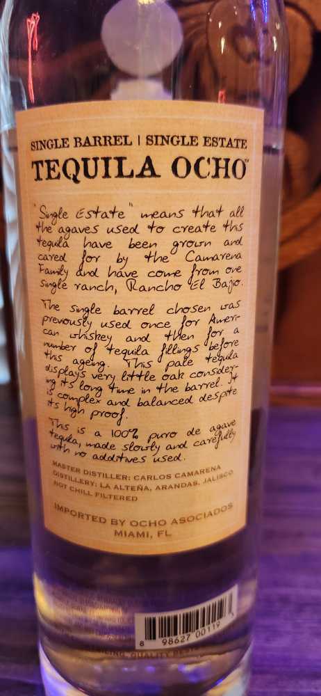 Tequila Ocho Anejo Single Barrel Cerro Grande - NOM 1474 (750 mL) alcohol collectible [Barcode 898627001193] - Main Image 2