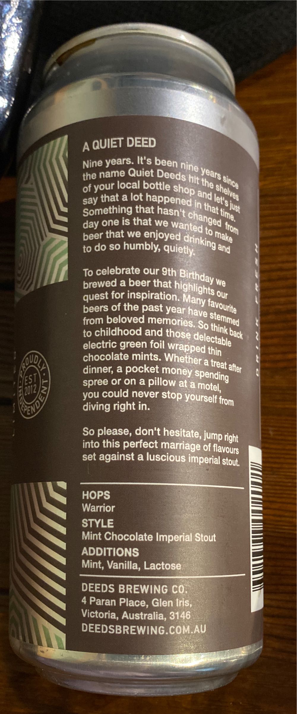 A Quiet Deed Imp Pastry Stout Carwyn Cellars  (440 mL) alcohol collectible [Barcode 9341398002001] - Main Image 2