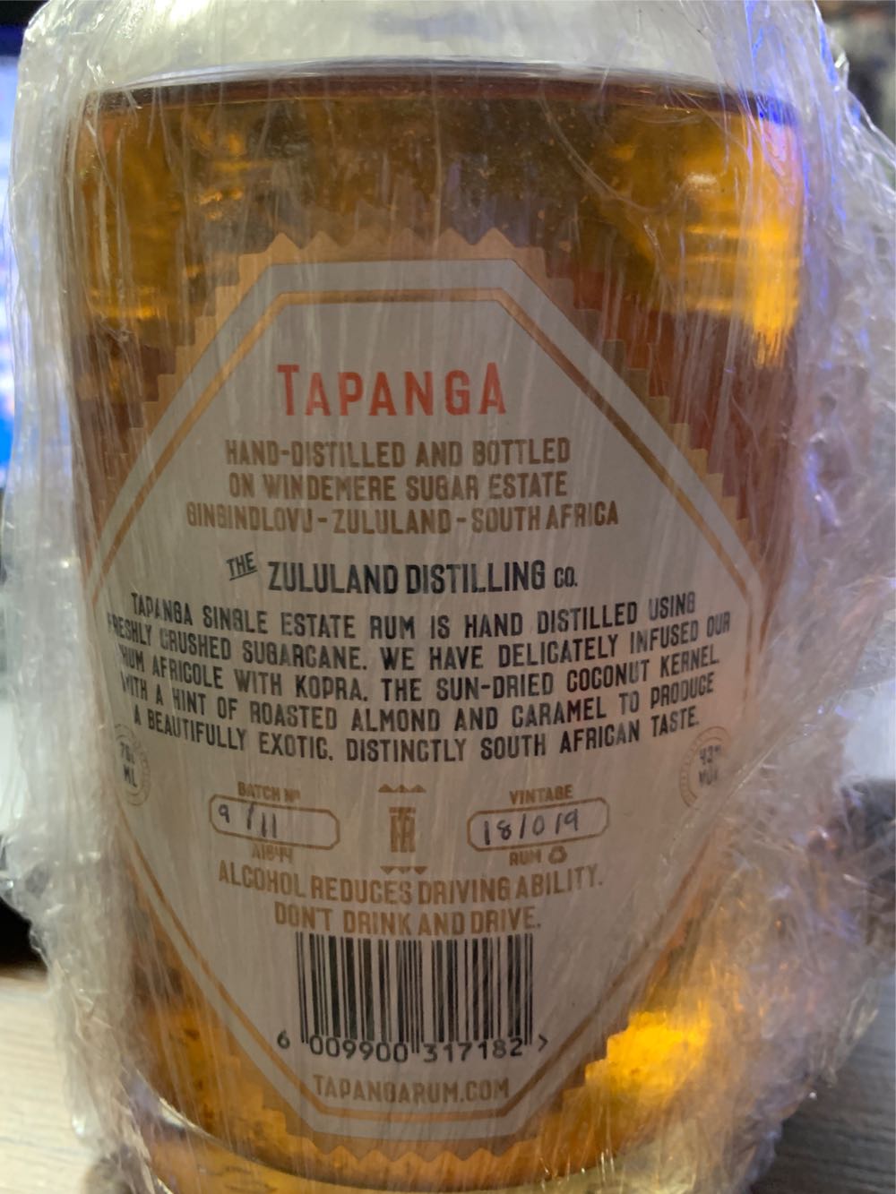 TAPANGA KOPRA SPIRIT APERITIF - Zululand Distiling (750 mL) alcohol collectible [Barcode 6009900317182] - Main Image 2