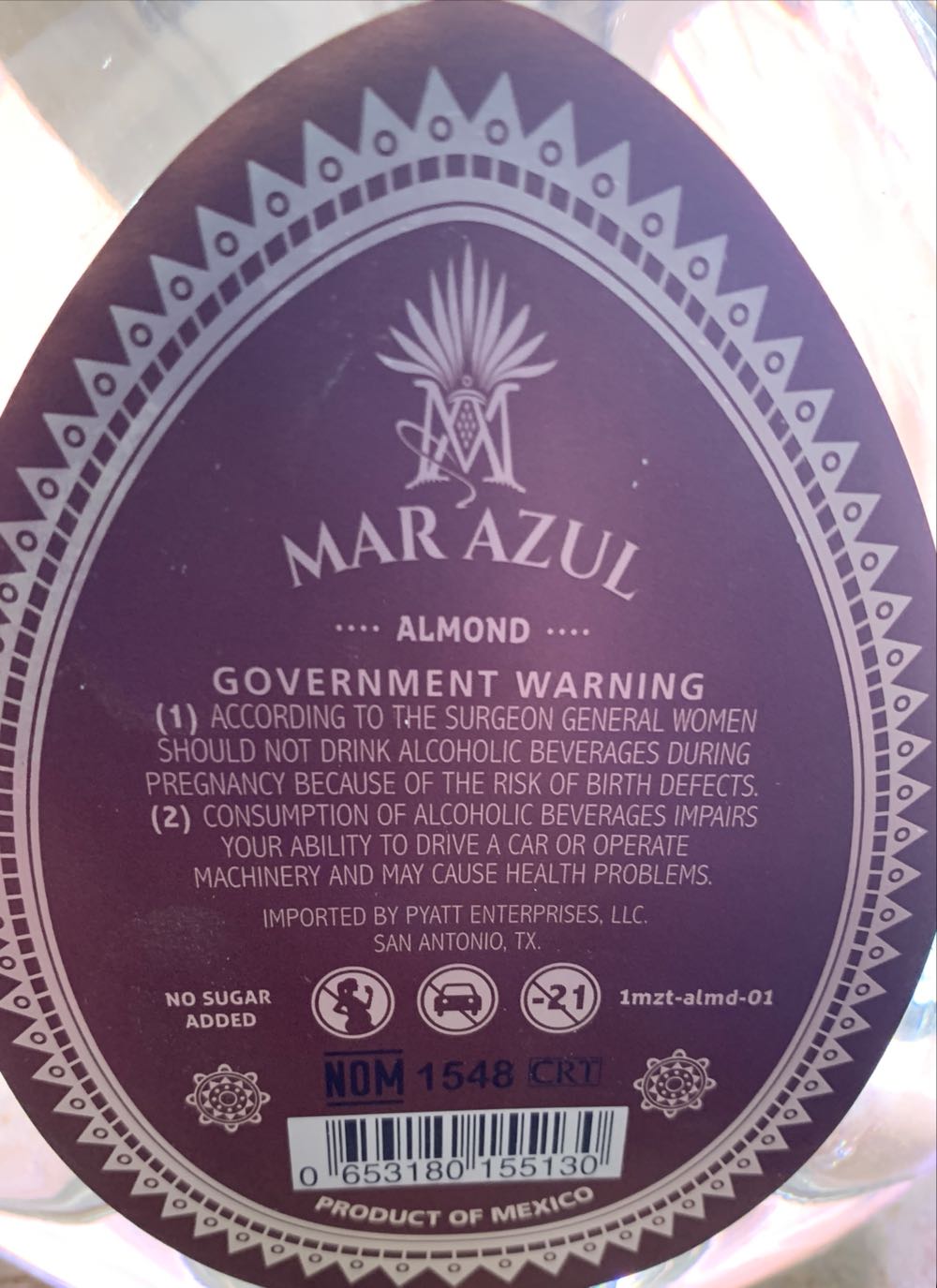 Tequila ~ Liqueur | Mar Azul Agave Tequila - Pyatt Emterprises/San Antonio (750 mL) alcohol collectible [Barcode 653180155130] - Main Image 3