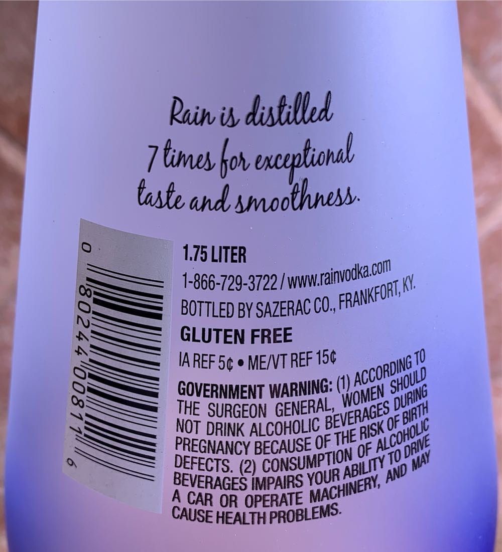 Rain Vodka - Sazerac Co (1.75 L) alcohol collectible [Barcode 080244008116] - Main Image 3