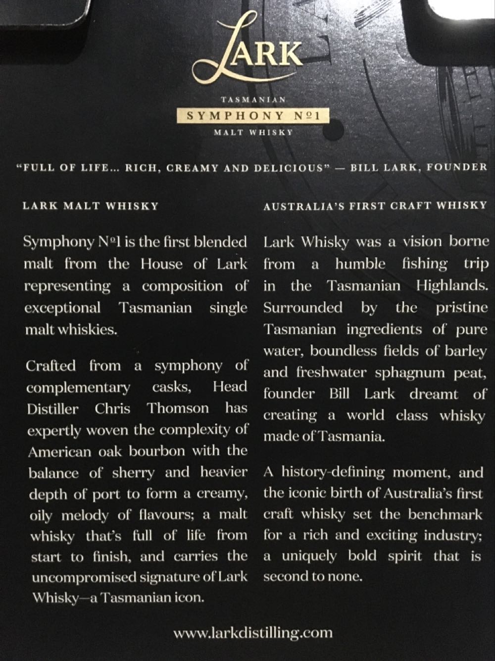 Lark Symphony No.1 Malt Whisky - Lark Distillery (700 mL) alcohol collectible [Barcode 9321651000487] - Main Image 3