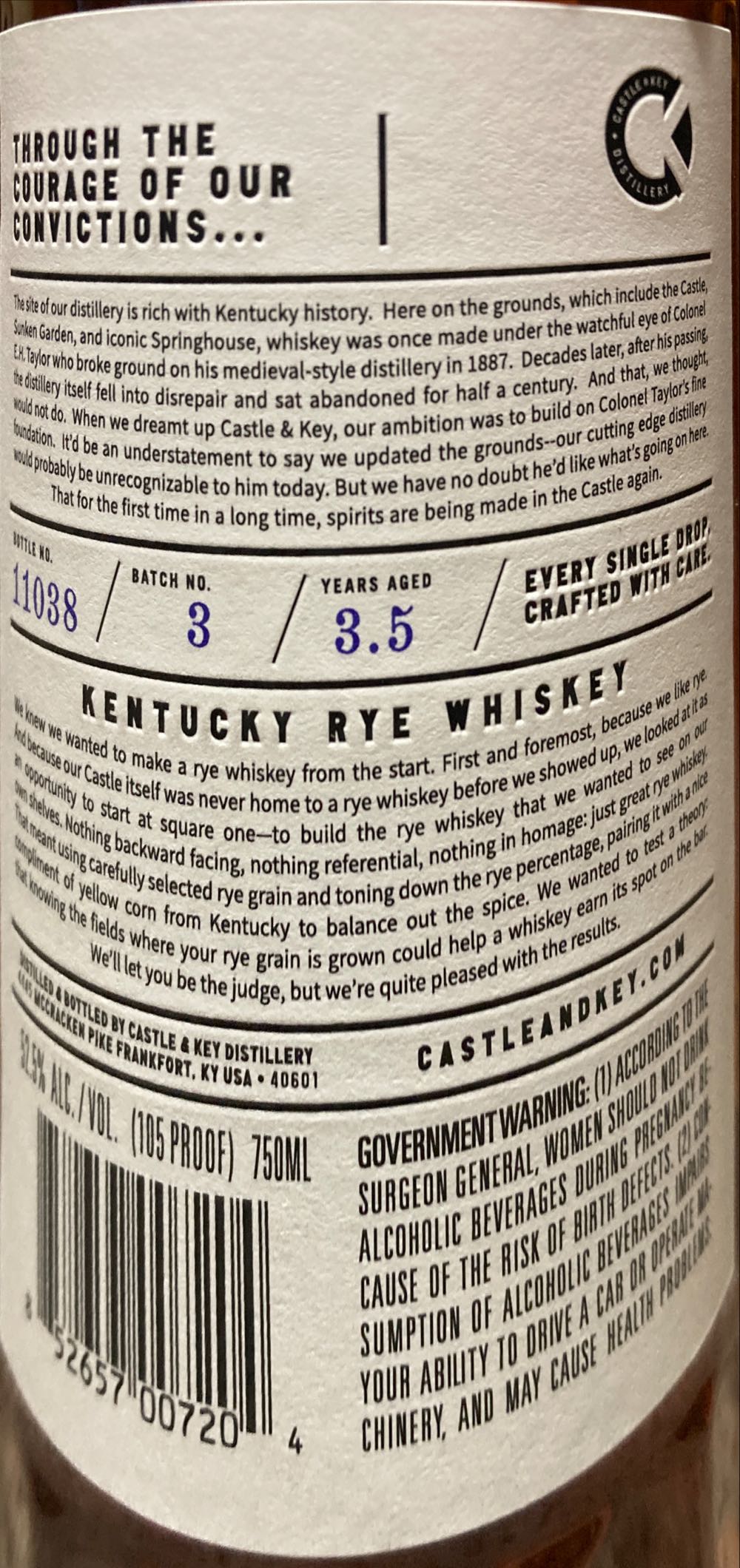 Castle & Key - Restoration 105 Proof - Castle & Key Distillery (750 mL) alcohol collectible [Barcode 852657007204] - Main Image 2