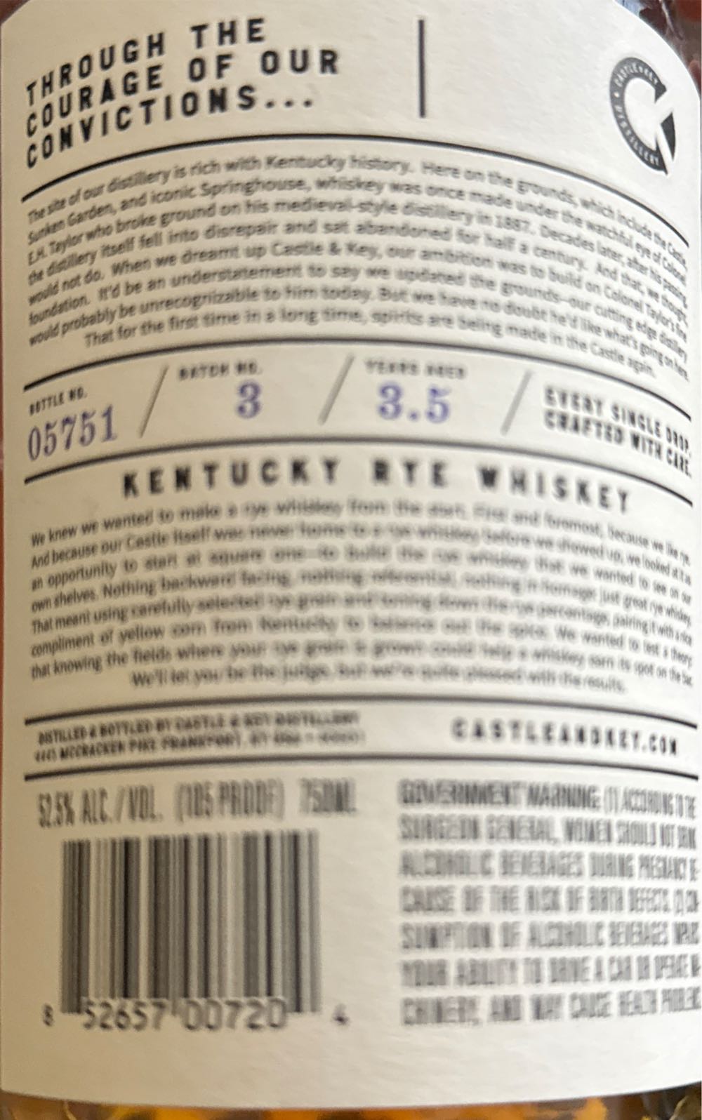 Castle & Key - Restoration 105 Proof - Castle & Key Distillery (750 mL) alcohol collectible [Barcode 852657007204] - Main Image 3