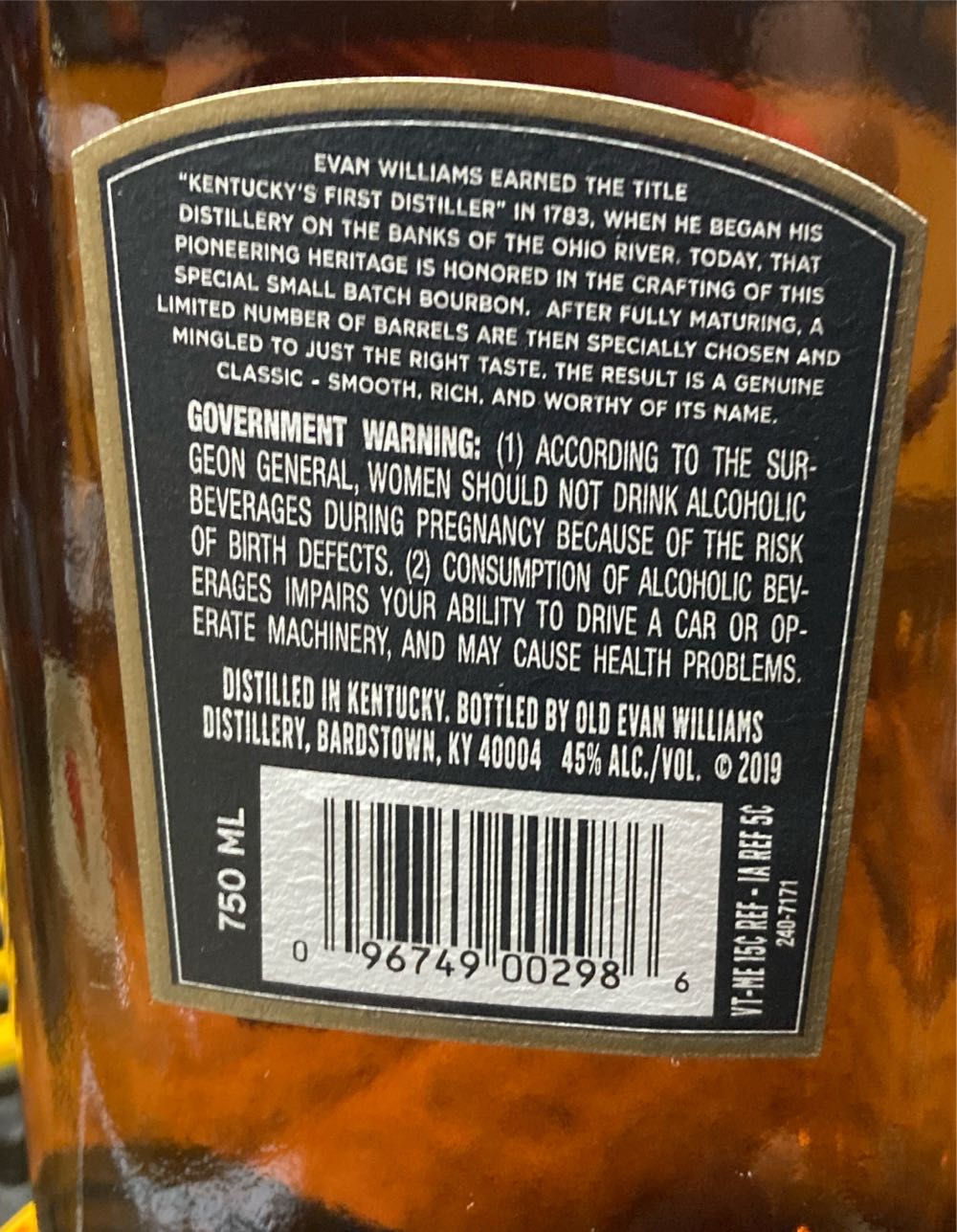 Evan Williams 1783 Small Batch - Old Evan Williams Distillery, Bardstown, KY (750 mL) alcohol collectible [Barcode 096749002986] - Main Image 2