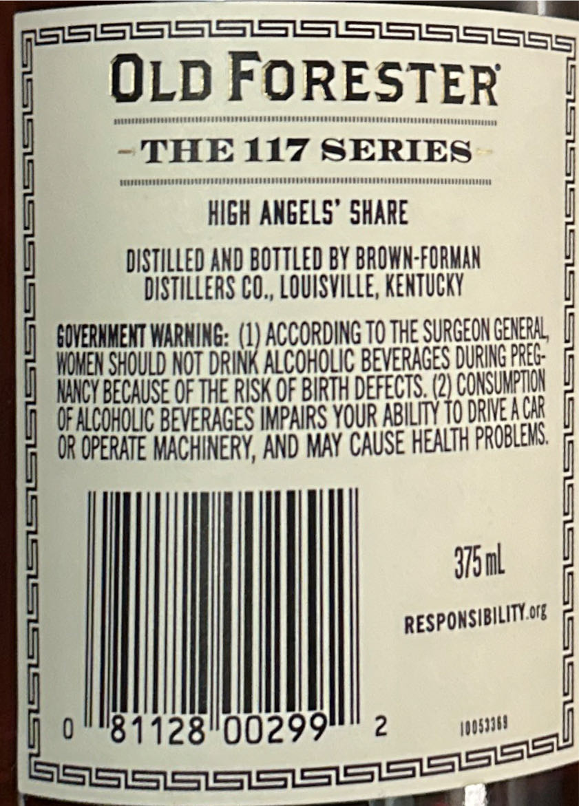 Old Forester The 117 Series Angels Share - Brown Foreman Distillers (375 mL) alcohol collectible [Barcode 081128002992] - Main Image 2