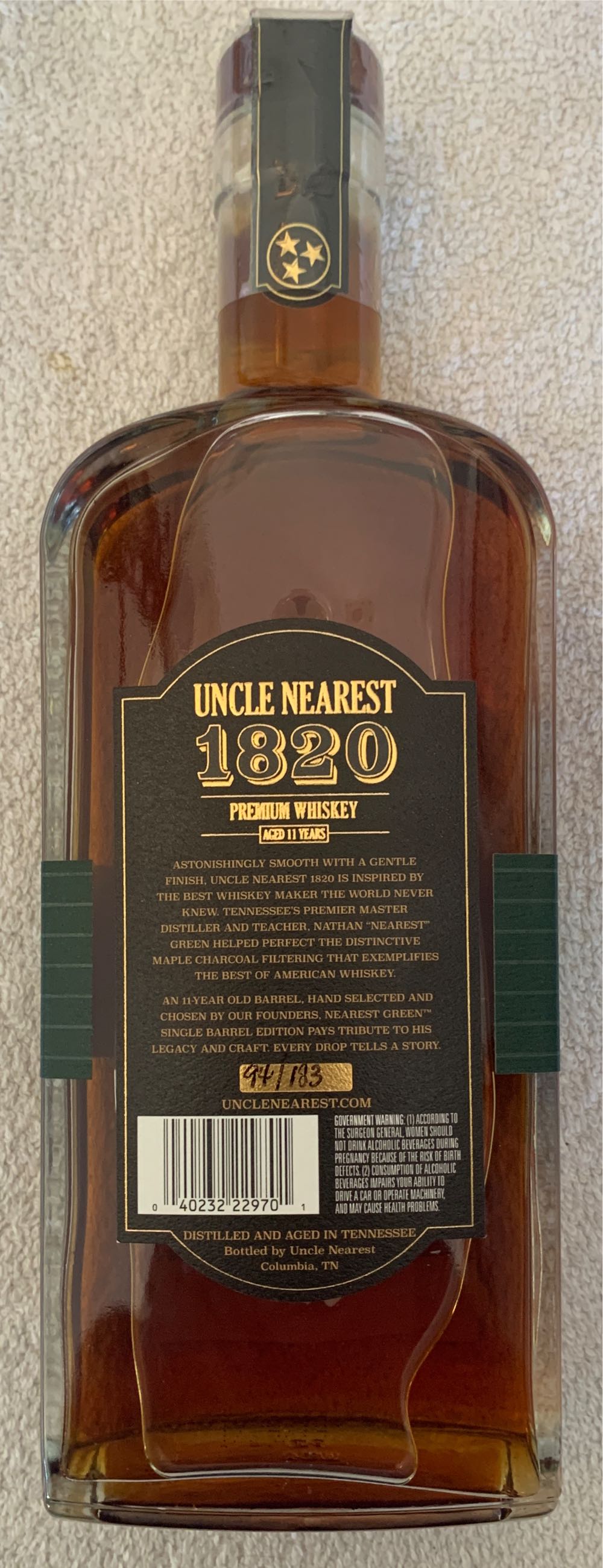Uncle Nearest 1820 - Uncle Nearest, Shelbyville TN (750 mL) alcohol collectible [Barcode 040232229701] - Main Image 3