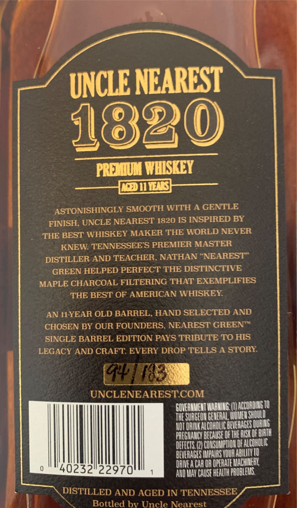 Uncle Nearest 1820 - Uncle Nearest, Shelbyville TN (750 mL) alcohol collectible [Barcode 040232229701] - Main Image 4