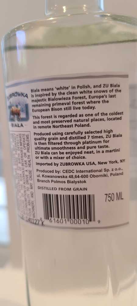 Zubrowka Biala Original Vodka - Polmos Bialystock SA (50 mL) alcohol collectible [Barcode 86162210] - Main Image 2