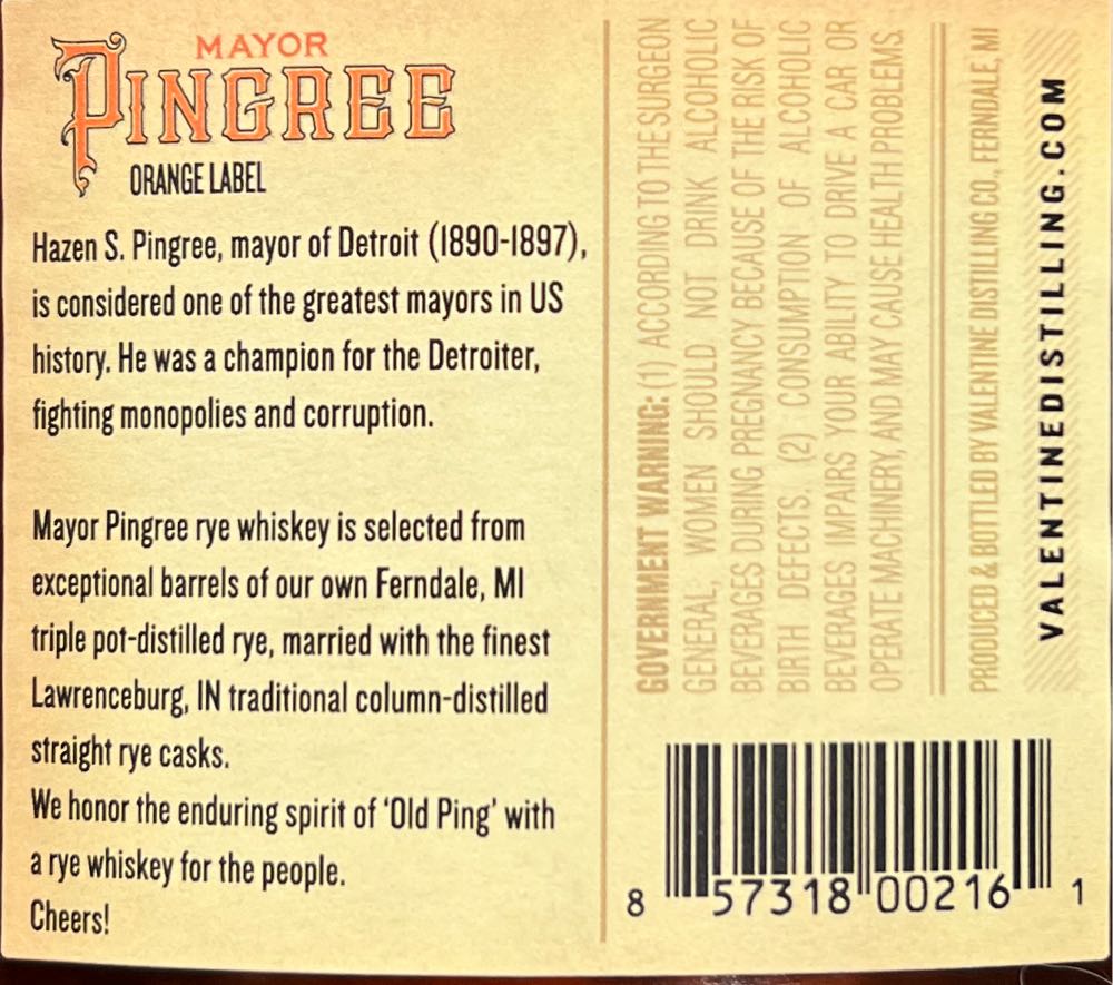 Mayor Pingree Rye Whiskey - Valentine Distilling Co (750 mL) alcohol collectible [Barcode 857318002161] - Main Image 2