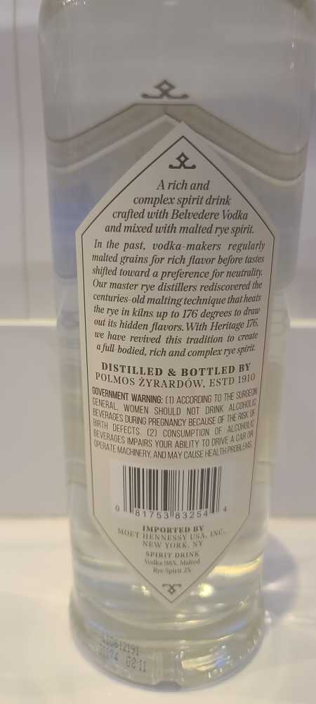 Belvedere Heritage 176  - Polmos Zyrardów (750 mL) alcohol collectible [Barcode 081753832544] - Main Image 2