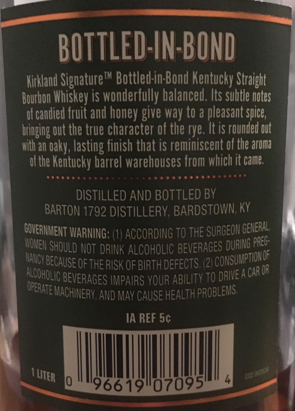 Kirkland Signature Bottled in Bond - Barton 1792 Distillery (1 L) alcohol collectible [Barcode 096619070954] - Main Image 2