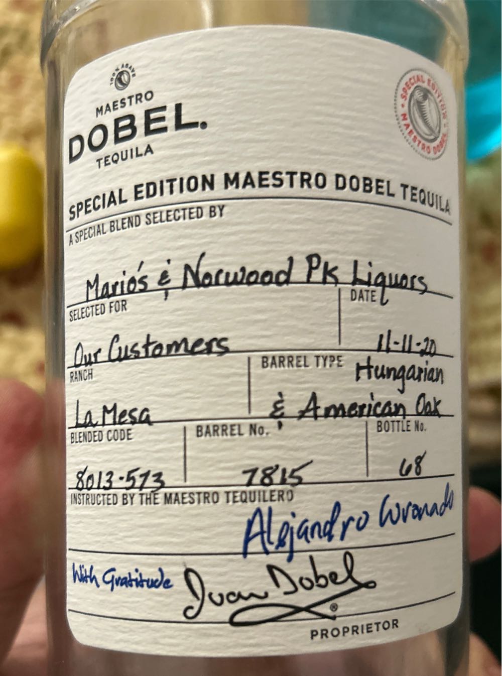 Maestro Dobel Anejo Single Barrel Tequila Selected For Pooler Package - NOM 1122 (750 mL) alcohol collectible [Barcode 811538012294] - Main Image 4