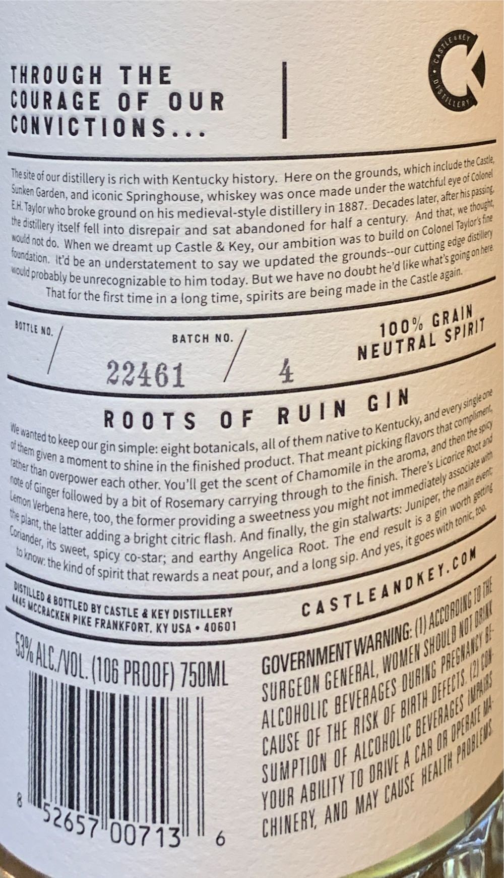 Roots Of Ruin Gin - Castle & Key (750 mL) alcohol collectible [Barcode 852657007136] - Main Image 2