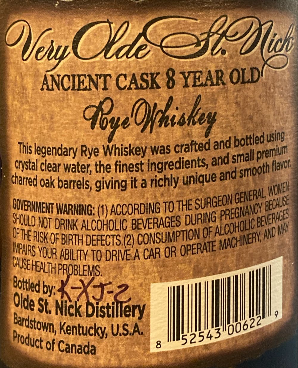 Very Olde St. Nick Ancient Cask 8 Year Old Rye Whiskey - Olde St. Nick Distillery (750 mL) alcohol collectible [Barcode 852543006229] - Main Image 3