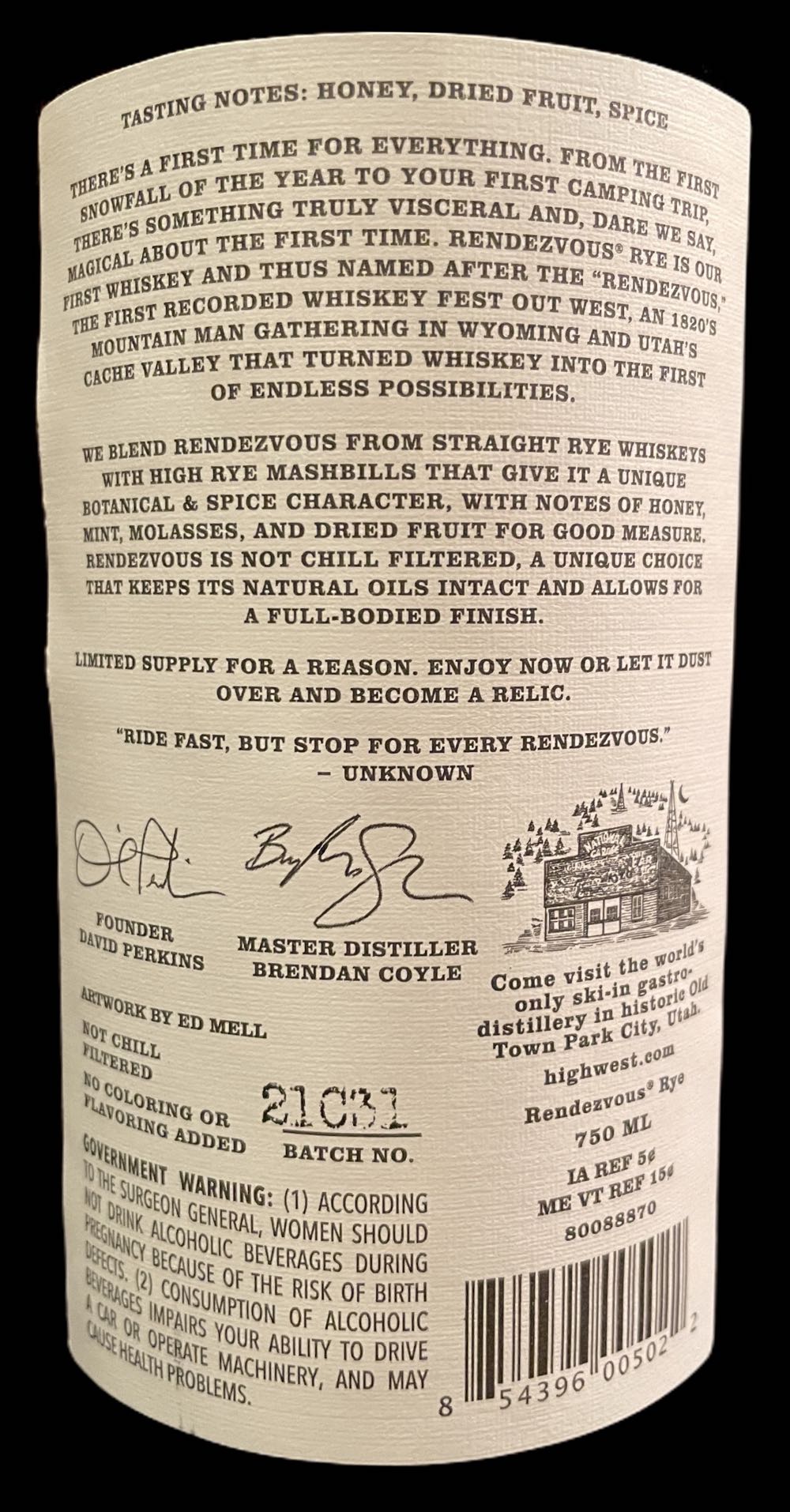 Rendezvous Rye - High West Distillery (750 mL) alcohol collectible [Barcode 854396005022] - Main Image 3