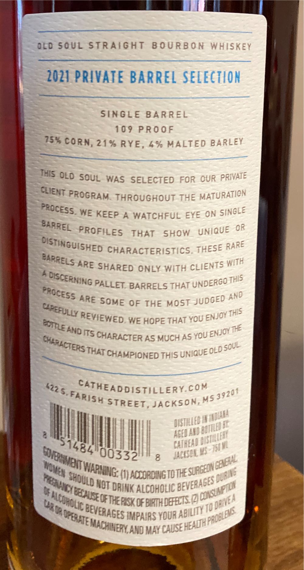 Old Soul Single Barrel High Rye Bourbon - Cathead Distillery (750 mL) alcohol collectible [Barcode 851484003328] - Main Image 2