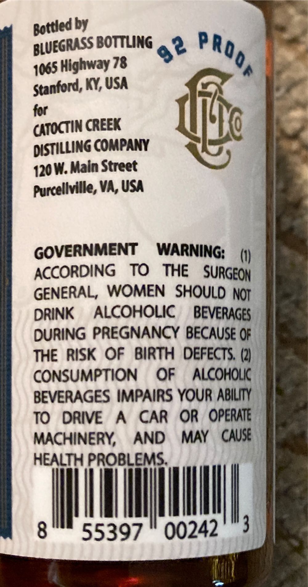 Catoctin Creek Rye Whiskey 92 Proof - Catoctin Creek (50 mL) alcohol collectible [Barcode 855397002423] - Main Image 2