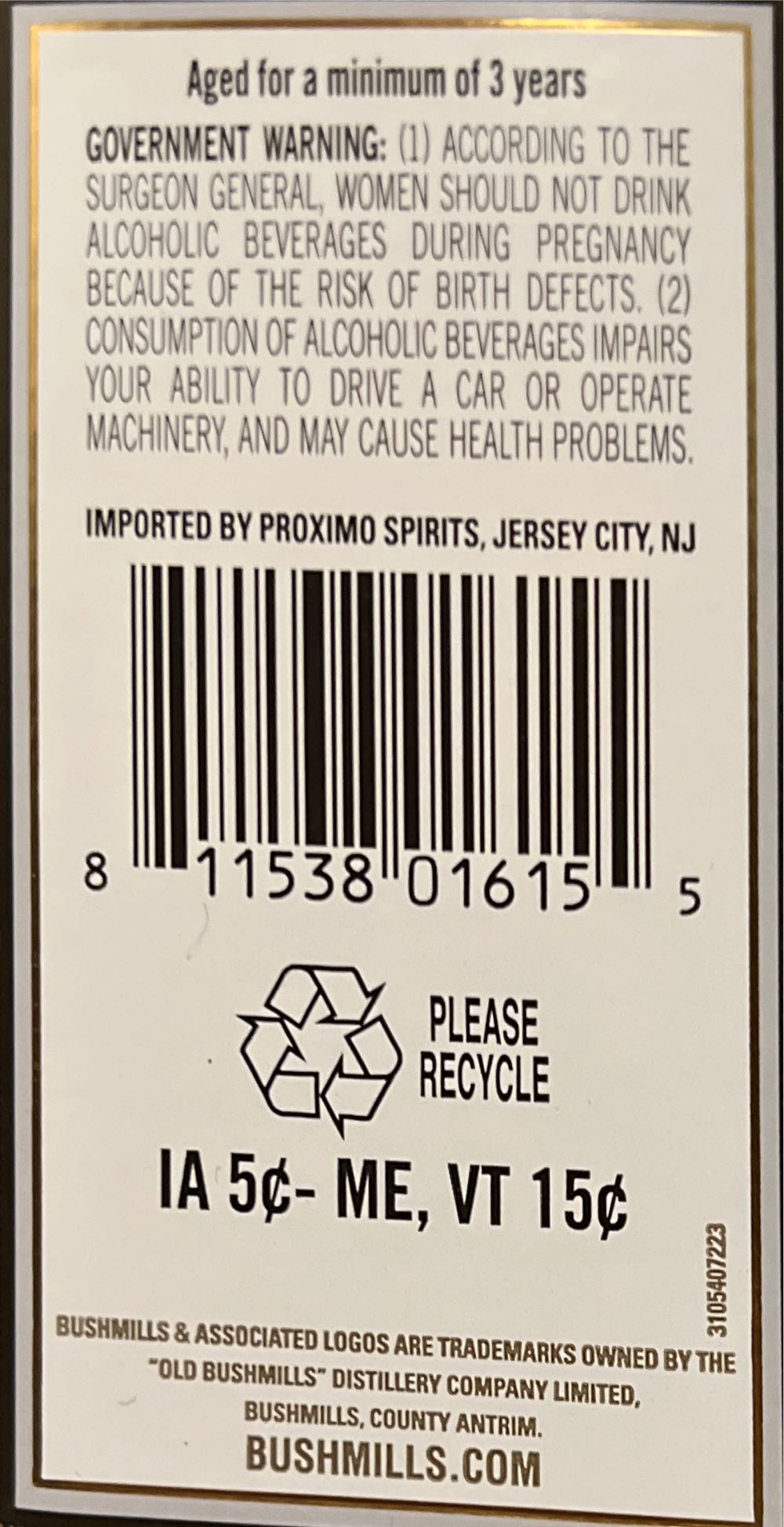 Bushmills Irish Whiskey Nv 1.0 L.  (1 L) alcohol collectible [Barcode 811538016155] - Main Image 3