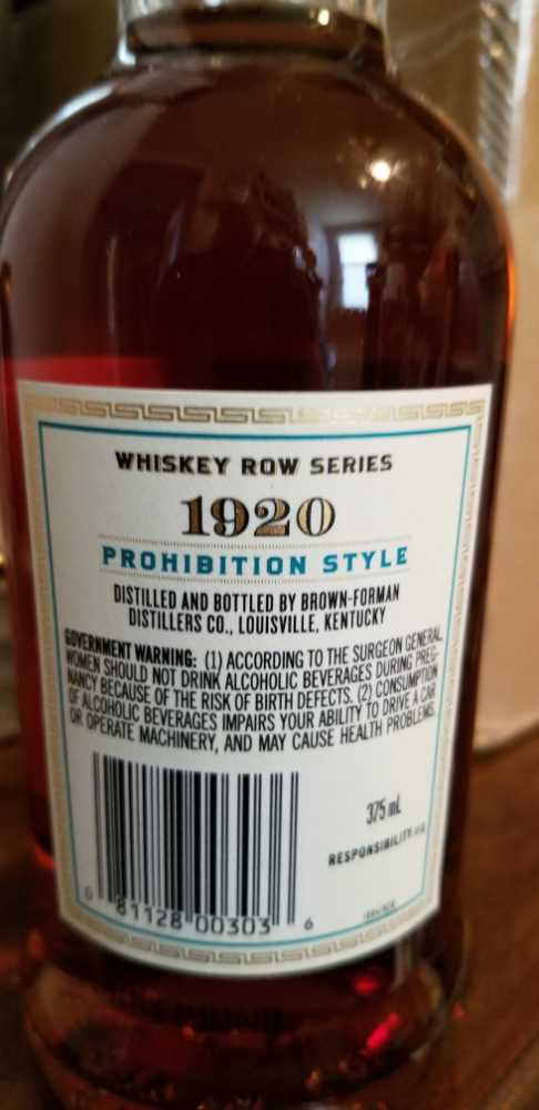 Old Forester 1920 Prohibition Style - Brown Foreman Distillers, Louisville, KY (375 mL) alcohol collectible [Barcode 081128003036] - Main Image 2
