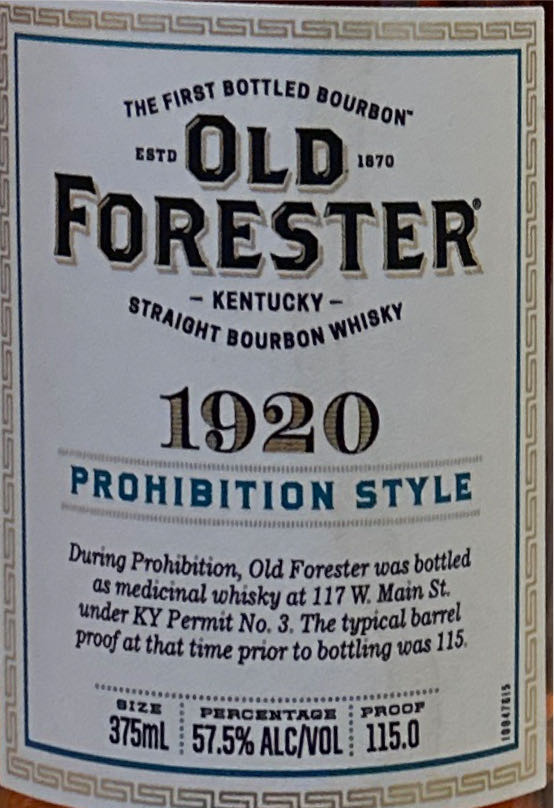Old Forester 1920 Prohibition Style - Brown Foreman Distillers, Louisville, KY (375 mL) alcohol collectible [Barcode 081128003036] - Main Image 3