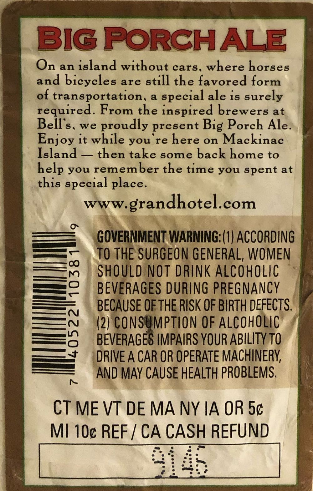 Bell’s Brewery Big Porch Ale - Bell’s Brewery, Comstock alcohol collectible - Main Image 2