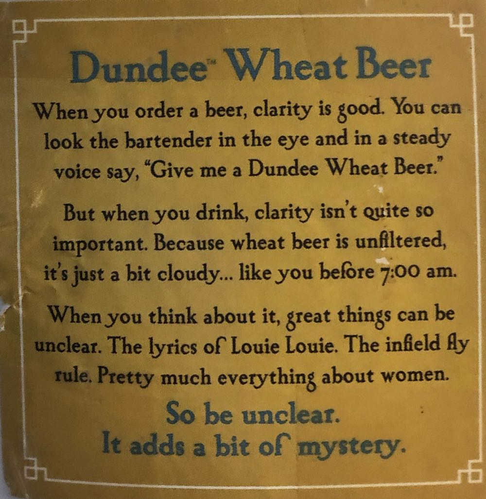 Dundee Wheat Beer - Dundee Brewing Company, Rochester alcohol collectible - Main Image 2