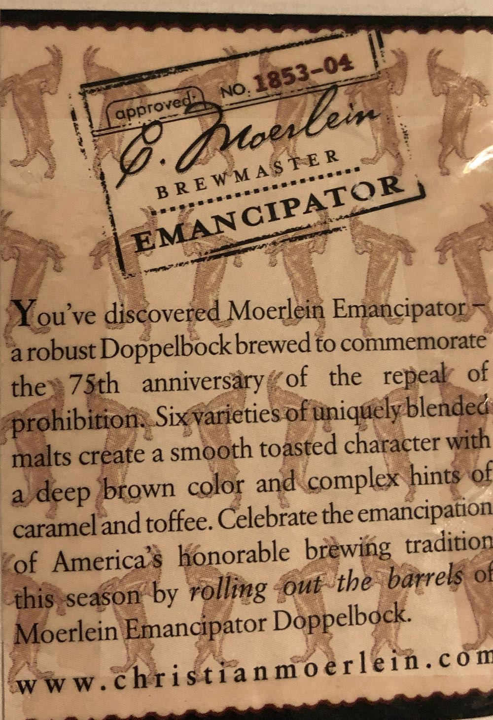 Christian Moerlein Emancipator Doppel Bock - Christian Moerlein Brewing, Cincinnati alcohol collectible - Main Image 2