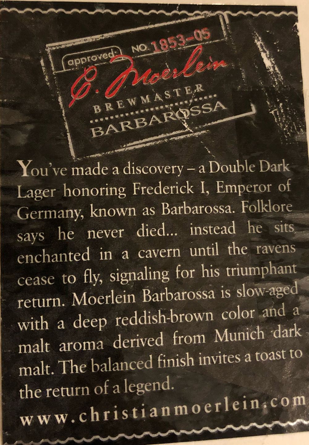 Christian Moerlein Barbarossa Double Dark Lager - Christian Moerlein Brewing, Cincinnati alcohol collectible - Main Image 2