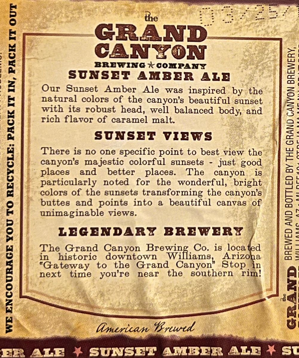 Grand Canyon Sunset Amber Ale - Grand Canyon Brewery, Williams alcohol collectible - Main Image 2